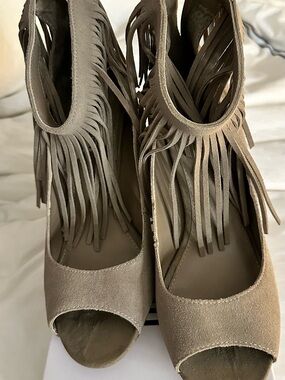 Steve Madden Fringe Peep-Toe Wedge Heels in Taupe - Women